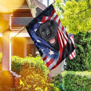 Black Puppy With American US For Indoor Outdoor Decorative Garden House Flag